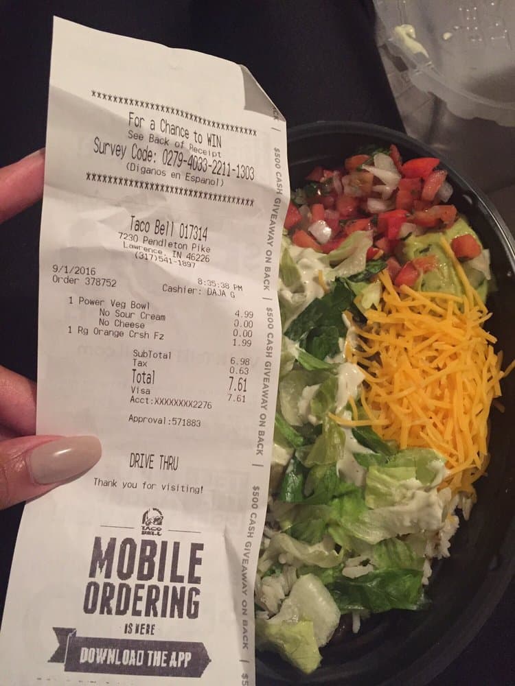 Photo of a Taco Bell receipt dated 9/1/2016, total 7.61
